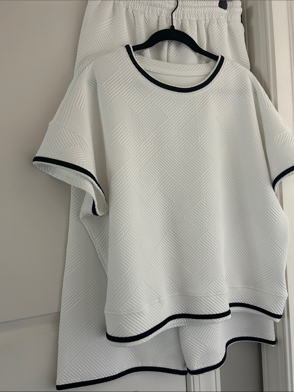 White Textured Two-Piece Set with Black Trim